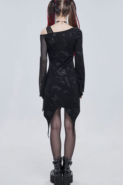 Black Gothic Off-The-Shoulder Graphic-Print Asymmetric Design Splicing Mesh Women's Dress