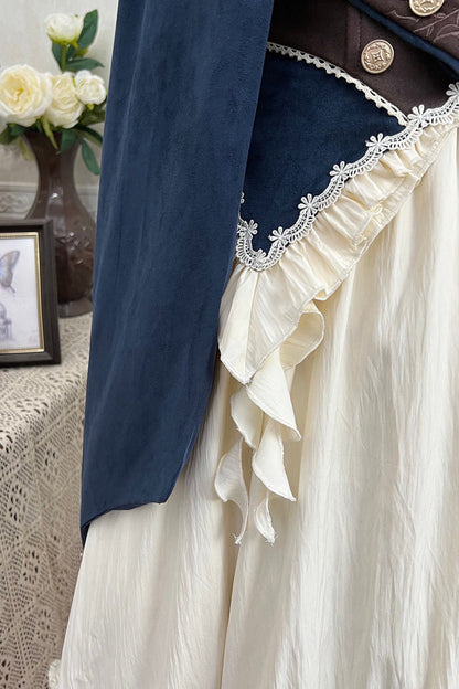 Beige [Morning Mist Coast] Stand Collar Long Sleeves Ruffle Embroidery Vintage Elegant Lolita Skirt Dress Set
