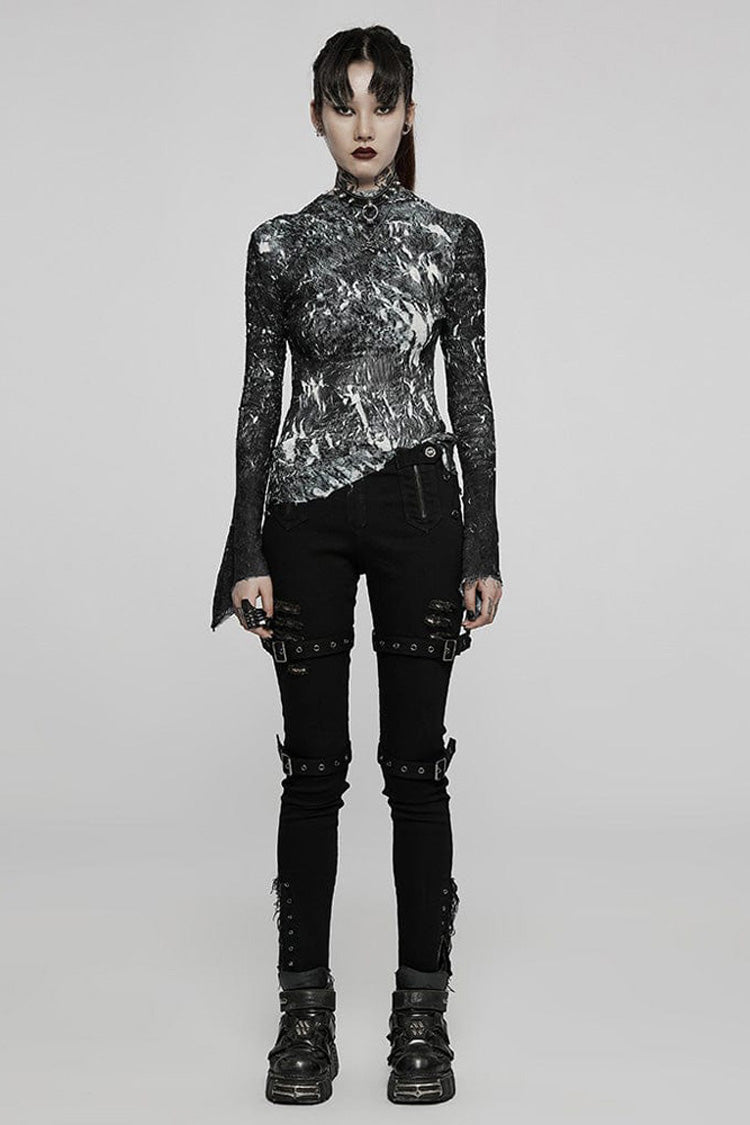 Black /White Punk Pleated Half Turtleneck Irregular Sexy Long Sleeve Lightweight Women's T-Shirt
