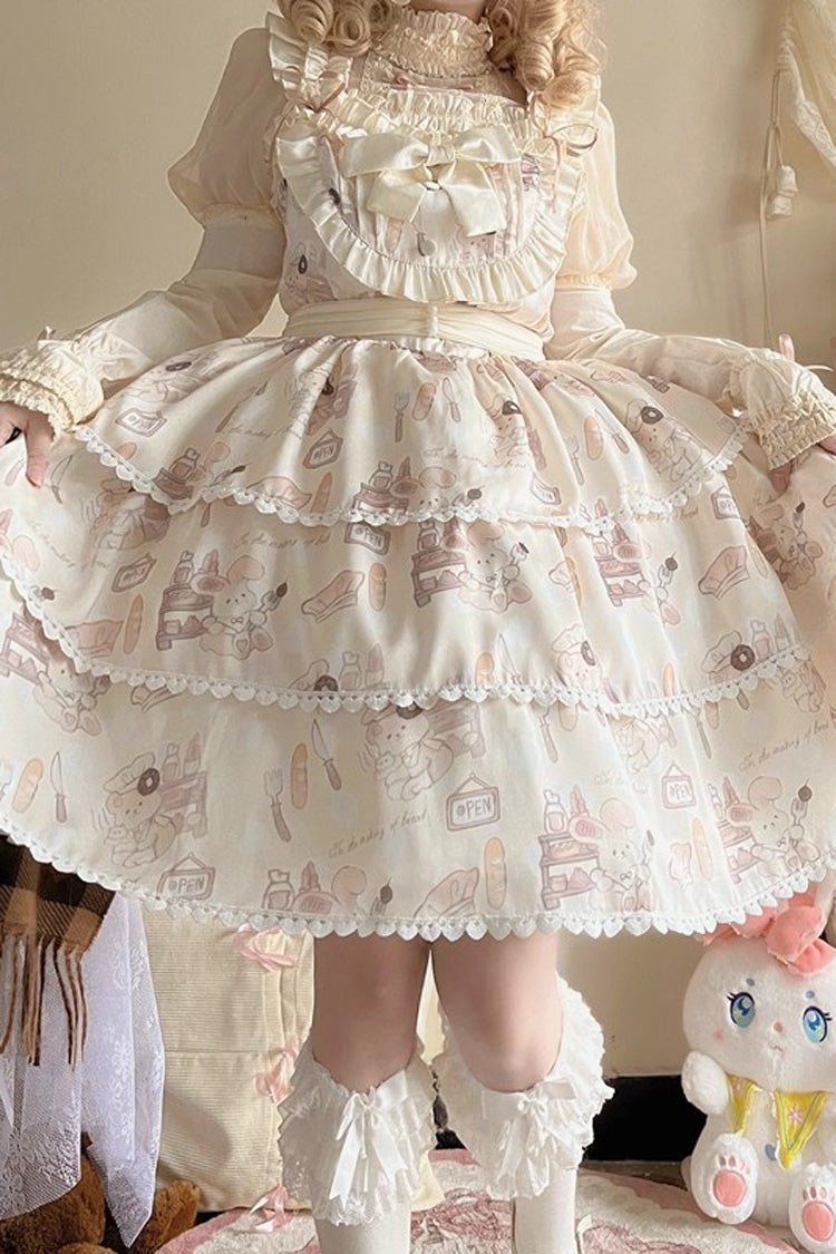 Beige Sleeveless Triple-Layered Print Ruffle Bowknot Sweet Plus Size Lolita Jsk Dress