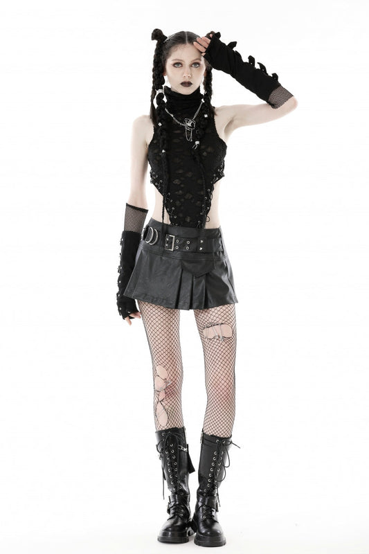 Black Faux Leather Metal Belt Buckled Pleated Women's Punk Mini Skirt