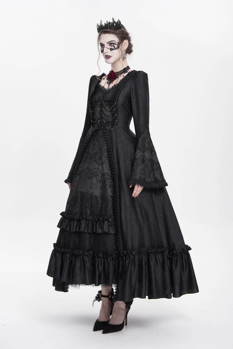 Black Long Sleeves Floral Embroidery Lace-Up Pleated Women's Gothic Dress