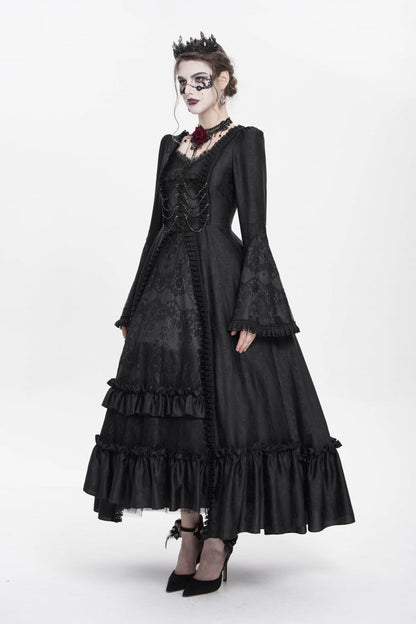 Black Long Sleeves Floral Embroidery Lace-Up Pleated Women's Gothic Dress