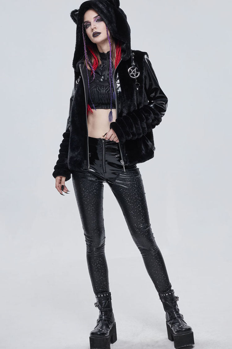 Black Gothic Hexagon Pattern Irregular Star Reflection Shiny Elasticity Leather Women's Leggings