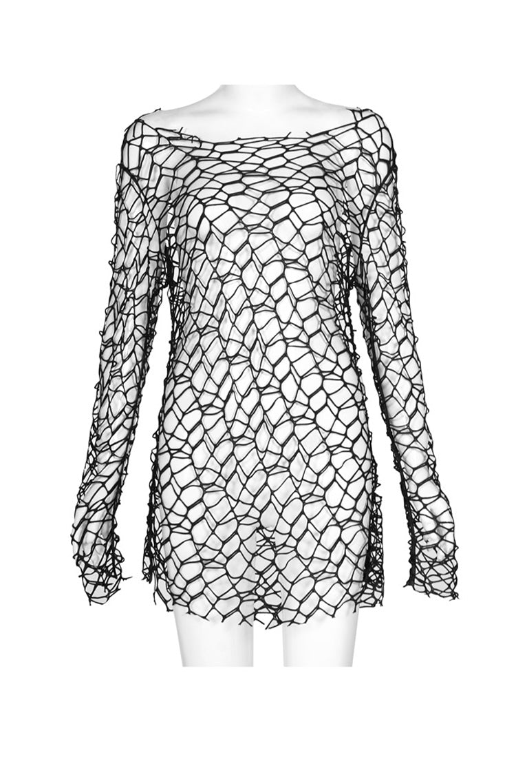 Black Long Sleeve Large Round Collar Large Mesh Women's Punk T-Shirt