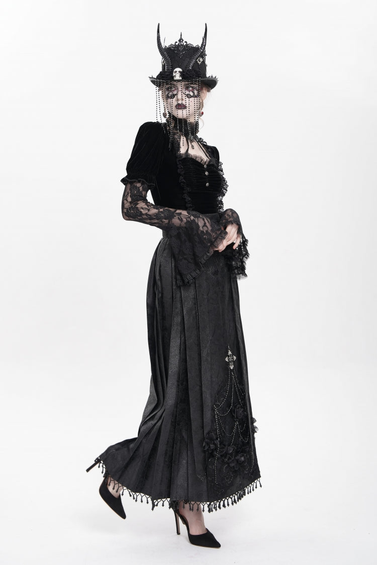 Black Floral Cross Embroidery Chain Women's Gothic Horse-face Long Skirt