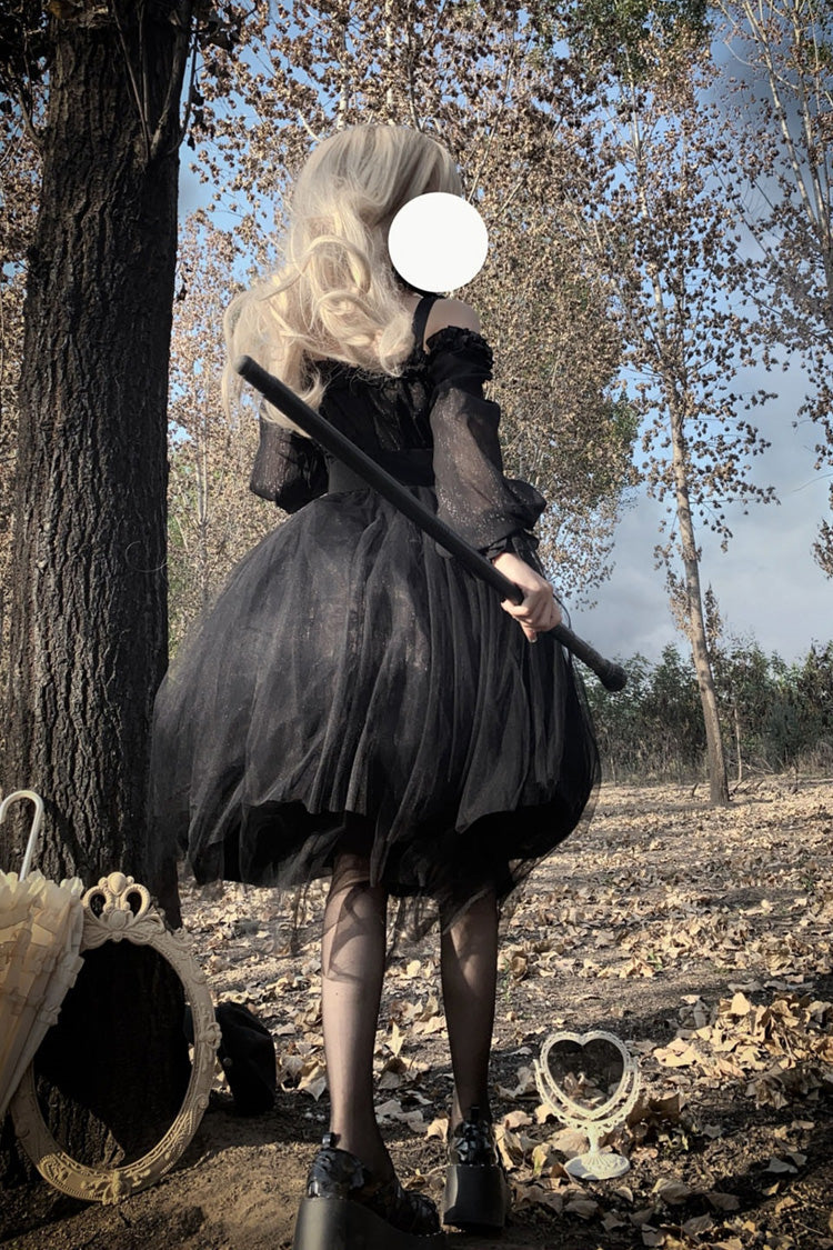 Black Long Sleeves Ruffle Bowknot Stitching Lace Gothic Plus Size Lolita Dress