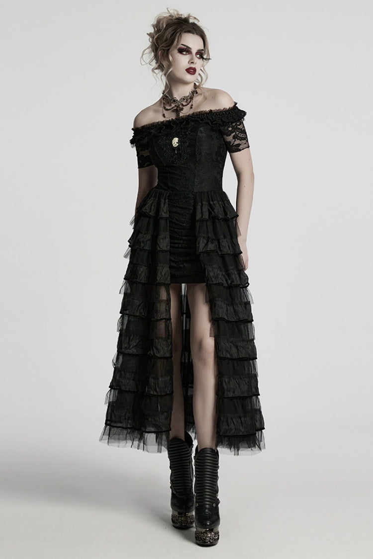 Black Off Shoulder Short Sleeves Multi-Layered Embroidery Women's Punk Dress
