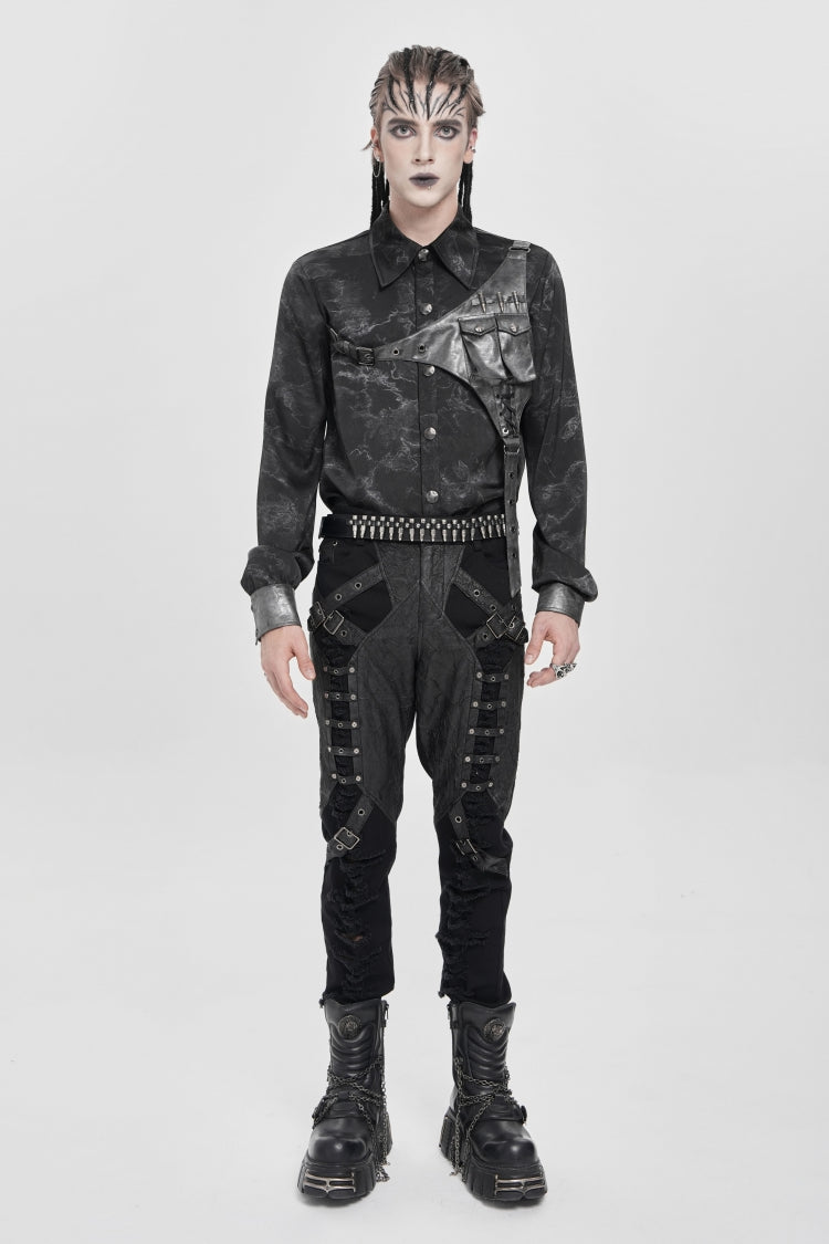 Black Long Sleeves Print Stitching Asymmetric Bullet Men's Punk Blouse