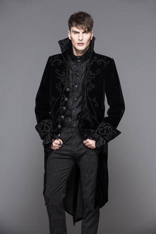 Black Hand Embroidered Fake Two Pieces Long Sleeves Velvet Mens Gothic Coats