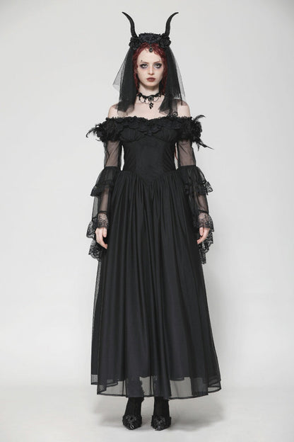 Black Off Shoulder Boat Neck Multi-Layered Long Trumpet Sleeves Lace Spliced Tulle Lace-Up Women's Gothic Fantasy Dress