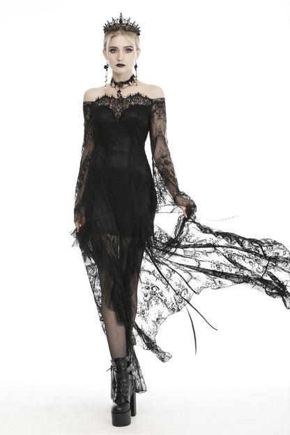 Black Off Shoulder Long Sleeves Lace Lace-Up Women's Gothic Mermaid Wedding Dress