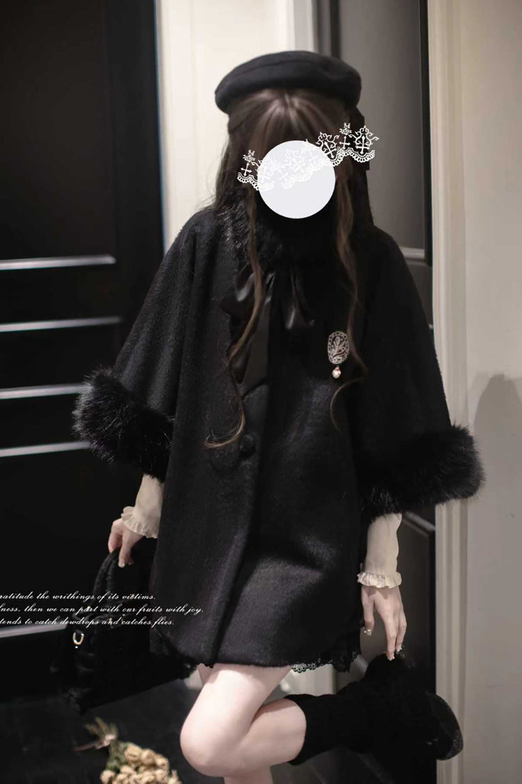 Black Long Sleeves Lace Gothic Japanese Lolita Fluffy Cloak Coat