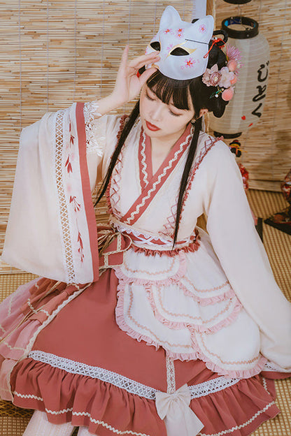 Beige/Pink Wide Sleeved Multi-Layered Ruffle Sweet Lolita OP Dress