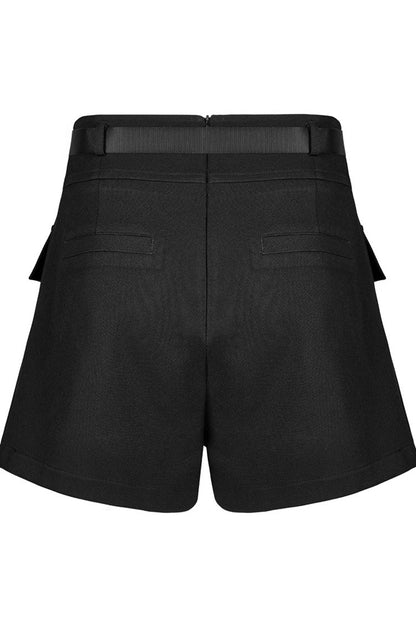 Black Casual Cross Lamination High Waist Design Metal Crescent Accessories Decoration Fake Women's Punk Two-Piece Shorts