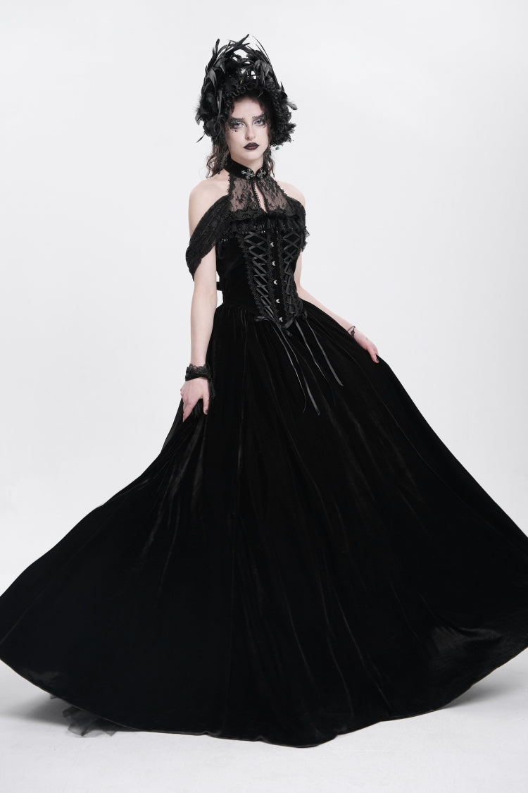 Black Off Shoulder Embroidery Lace Lace-Up Women's Gothic Gown Dress