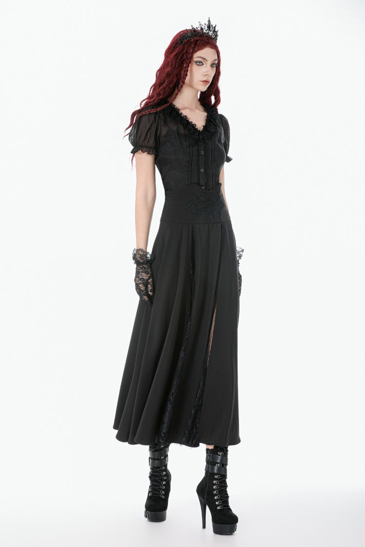 Black High Waisted Floral Printed Lace Mesh Women's Gothic Elegant Long Skirt
