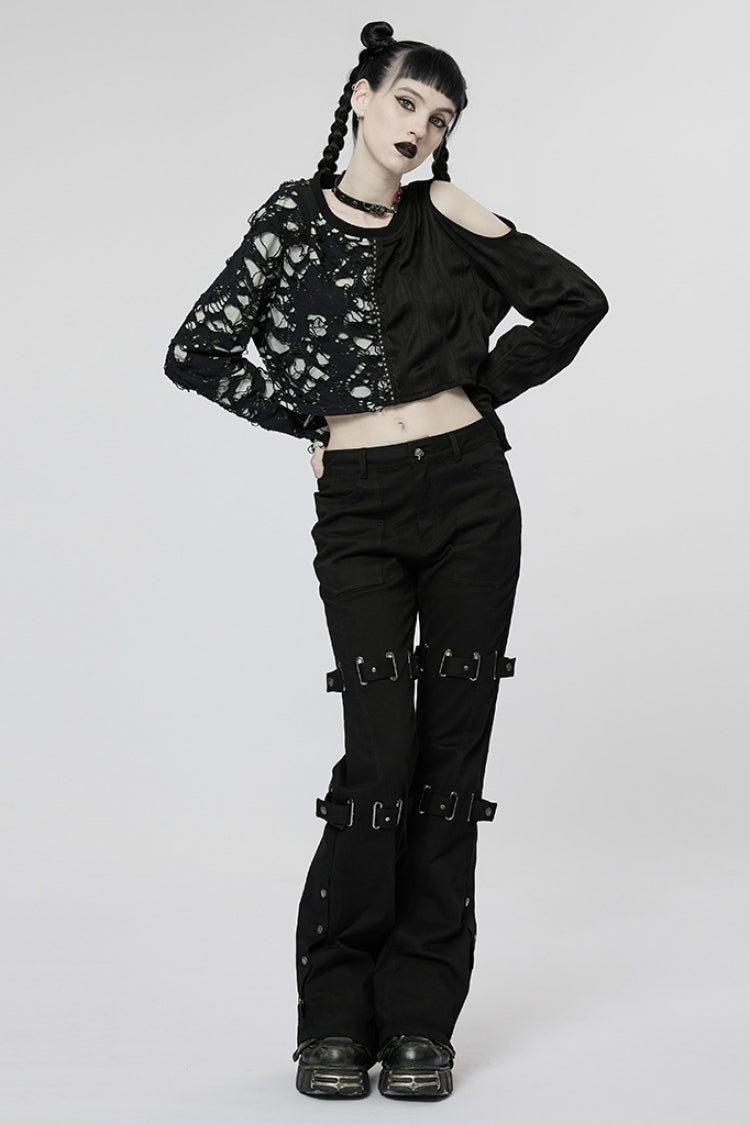 Black Metal Buckles Straps Women's Steampunk Flared Pants