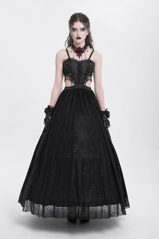 Black Jacquard Floral Embroidery Lace Ripped Women's Gothic Party Slip Dress