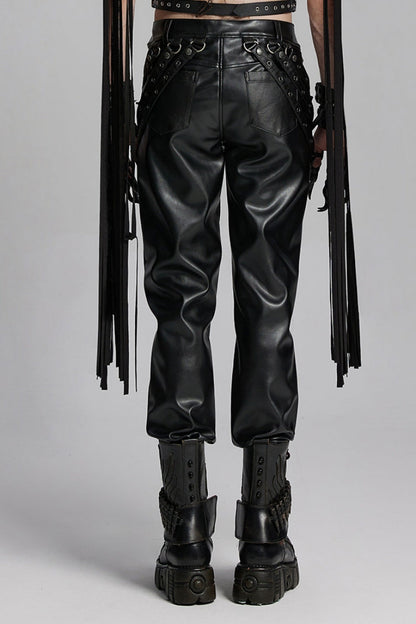 Black Mesh Buckle Strap Men's Punk Pants