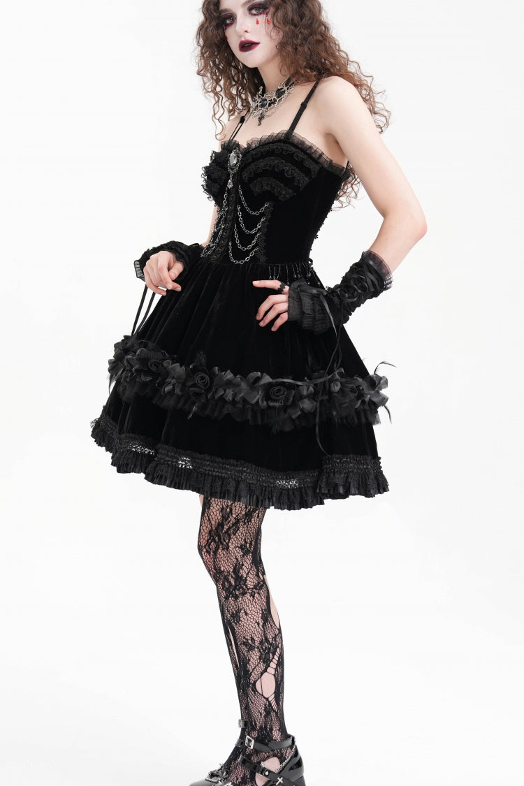 Black Chain Ruffle Lace Women's Gothic Slip Dress