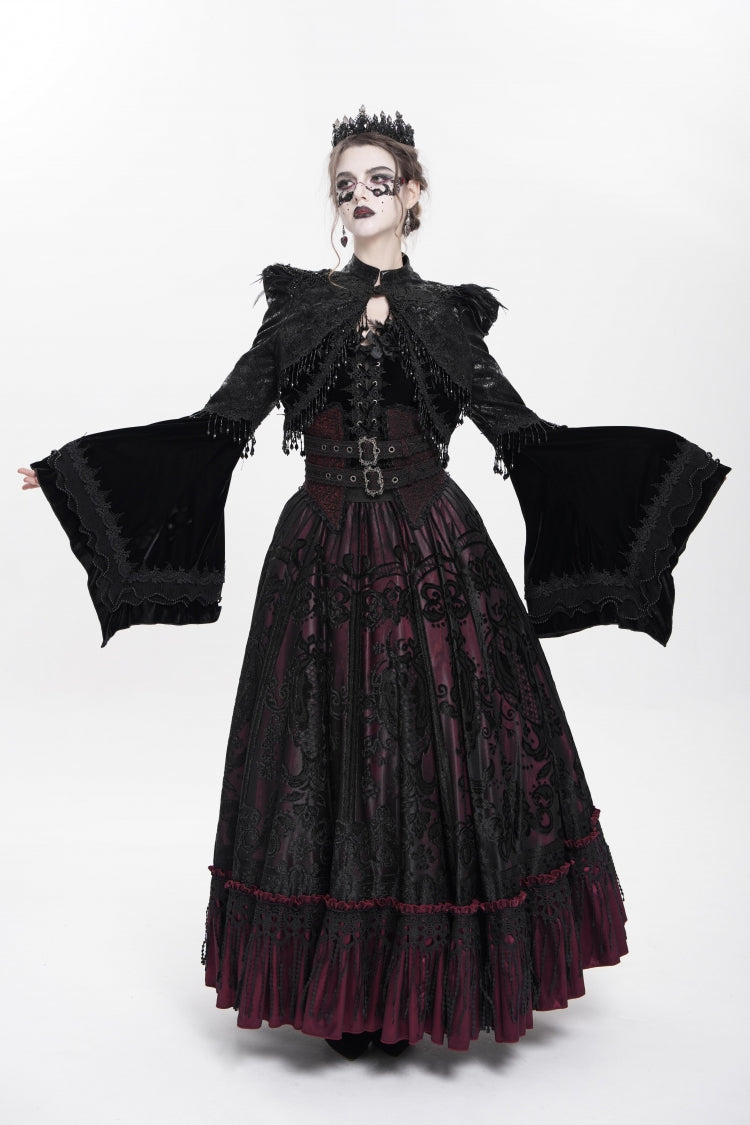 Black Long Sleeves Floral Embroidery Women's Gothic Beaded Frog Short Jacket