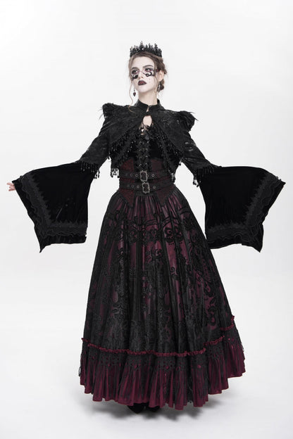 Black Long Sleeves Floral Embroidery Women's Gothic Beaded Frog Short Jacket