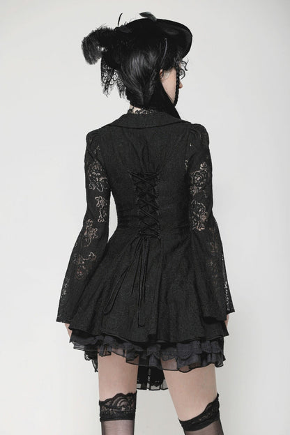 Black Long Trumpet Sleeves Embroidered Lace Lace-Up Women's Gothic Honeymoon Dress