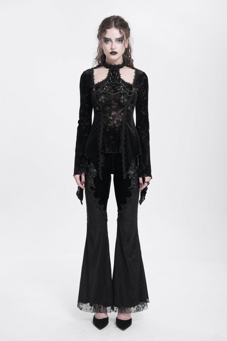 Black Halterneck Long Trumpet Sleeves Jacquard Embroidery Women's Gothic Blouse