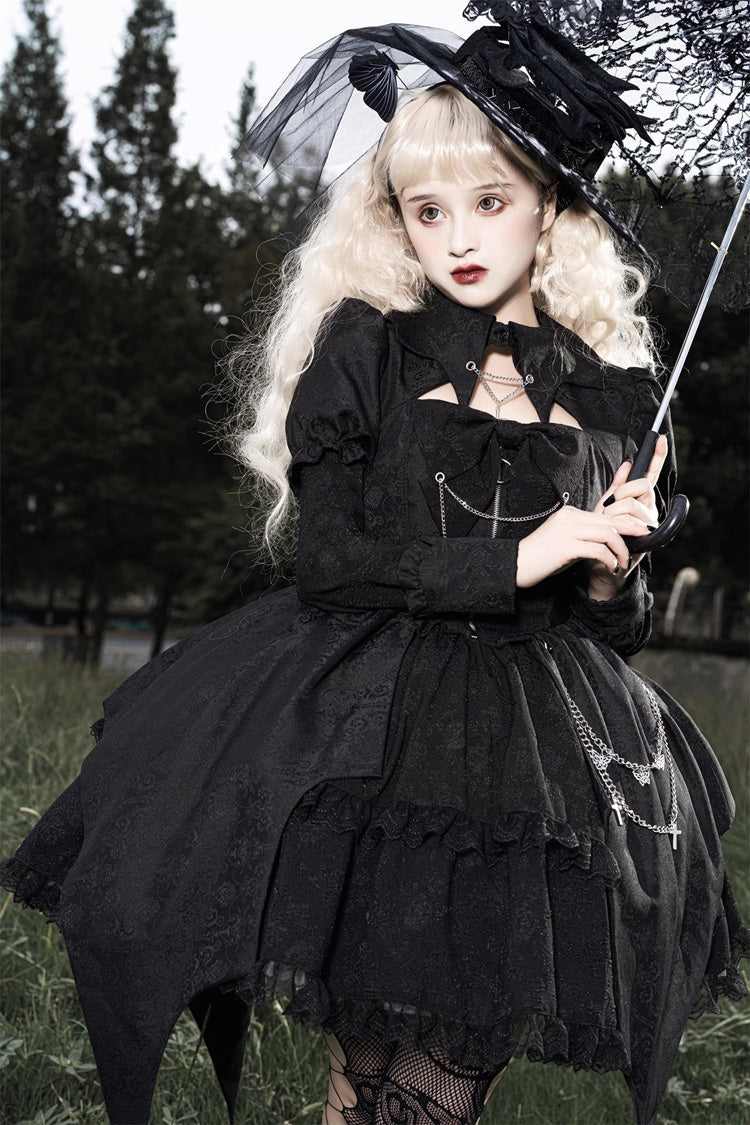 Black Dark Night Law Long Sleeves High Waisted Cardigan Bowknot Lace Gothic Lolita Dress