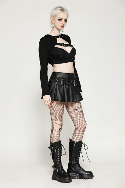 Black Low Waisted Buckle-Up Women's Punk PU Leather Pleated Mini Skirt