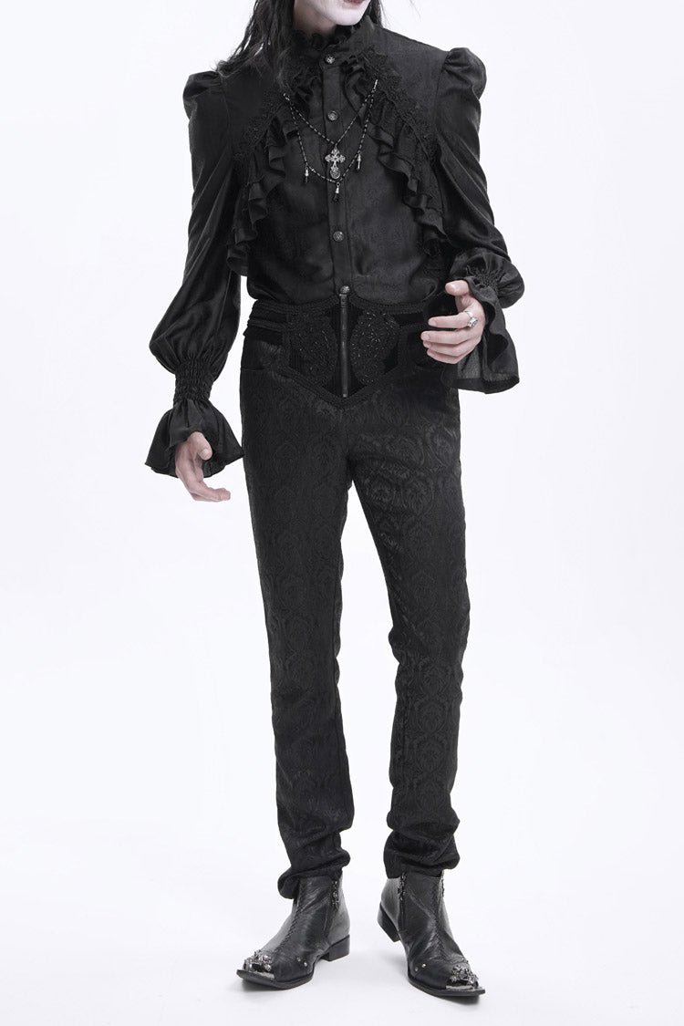 Black Floral Print Embroidery Branded Zip Men's Gothic Pants