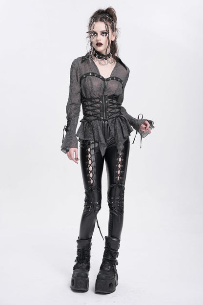 Black Long Sleeves Embroidery Lace-Up Irregular Sheer Women's Gothic Blouse