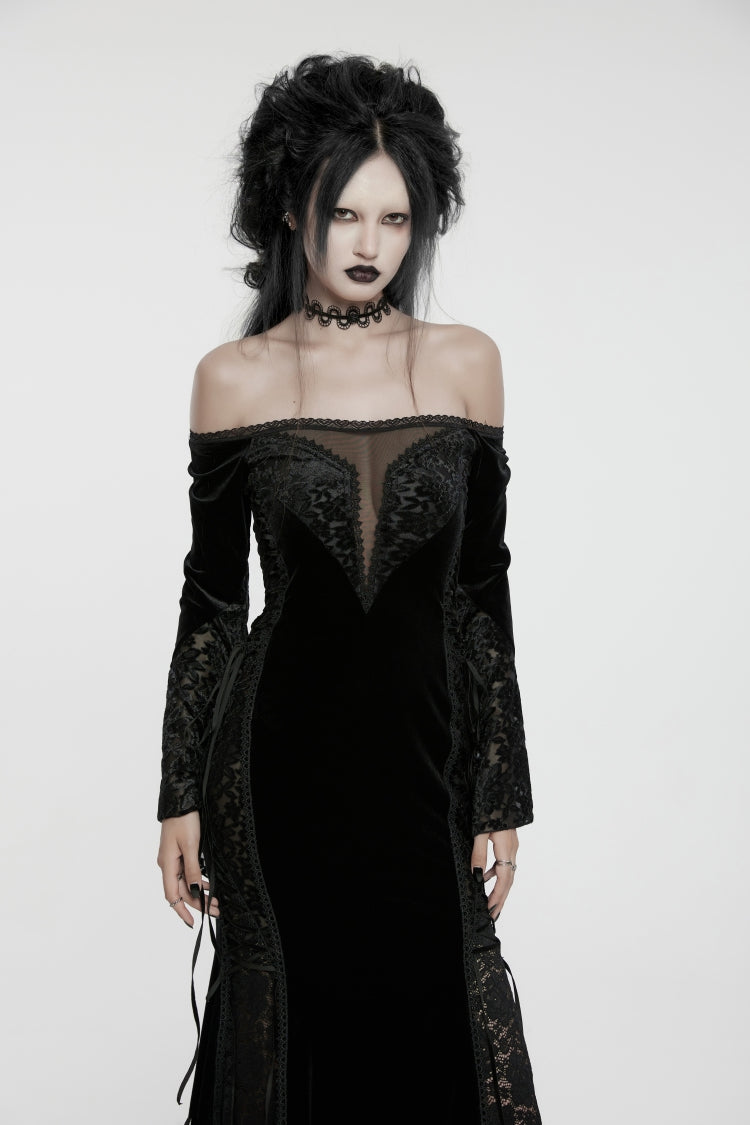 Black Off Shoulder Long Trumpet Sleeves Embroidered Spliced Lace Lace-Up Women's Gothic Gorgeous Palace Strapless Velvet Dress