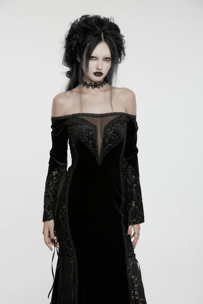 Black Off Shoulder Long Trumpet Sleeves Embroidered Spliced Lace Lace-Up Women's Gothic Gorgeous Palace Strapless Velvet Dress