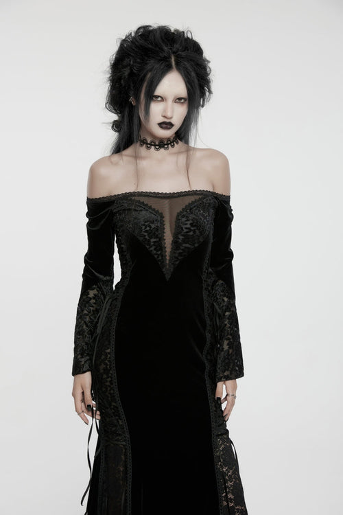 Black Off Shoulder Long Trumpet Sleeves Embroidered Spliced Lace Lace-Up Women's Gothic Gorgeous Palace Strapless Velvet Dress