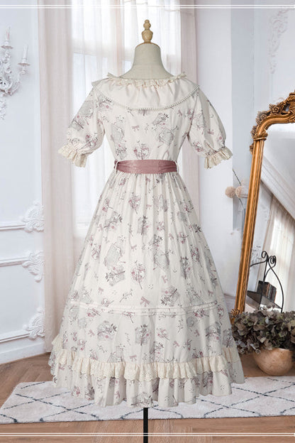 Beige Round Collar Short Sleeves Flower Print High Waist Sweet Lolita OP Dress