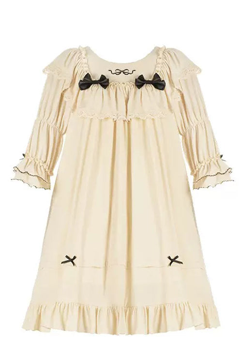 Beige Ruffled Square Collar Trumpet Sleeves Pillowside Fairy Tale Sweet Lolita Dress