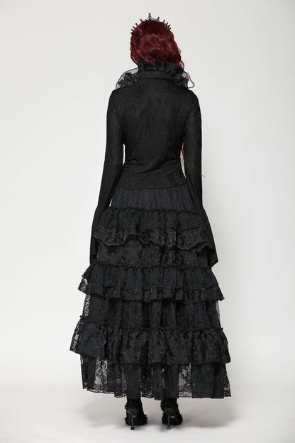 Black Lace Ruffled V Stand Collar Long Flared Sleeves Jacquard Women's Gothic Blouse