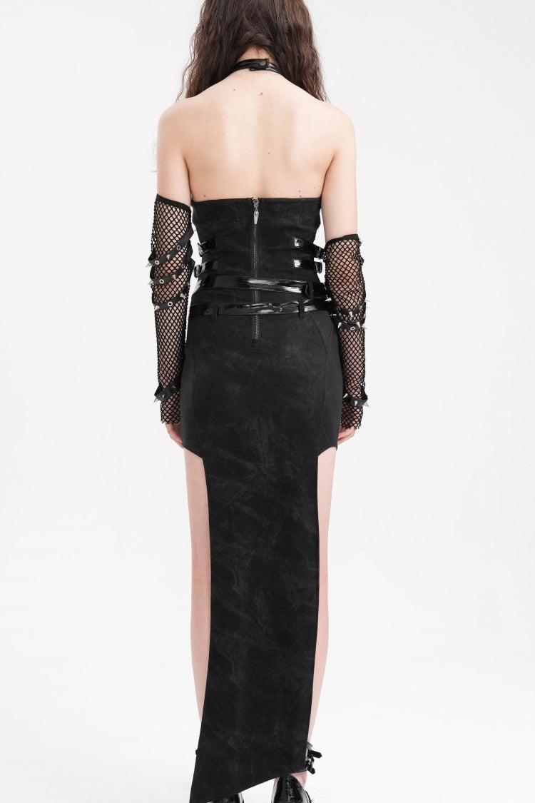 Black Chains Buckle-up Halterneck Hollow Lace-Up Women's Gothic Strap Maxi Dress