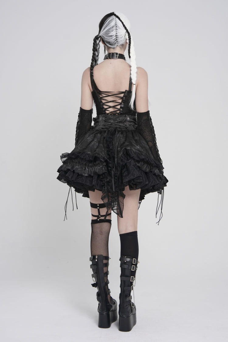 Black Off Shoulder Lace Lace-Up Slim Mesh Strappy Chain-Decorated Eyelet Women's Punk Corset