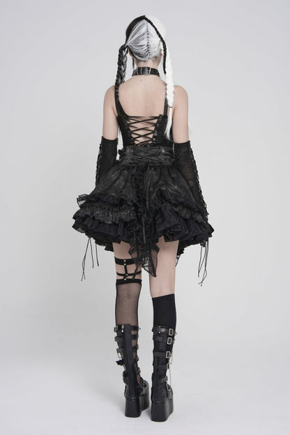 Black Off Shoulder Lace Lace-Up Slim Mesh Strappy Chain-Decorated Eyelet Women's Punk Corset