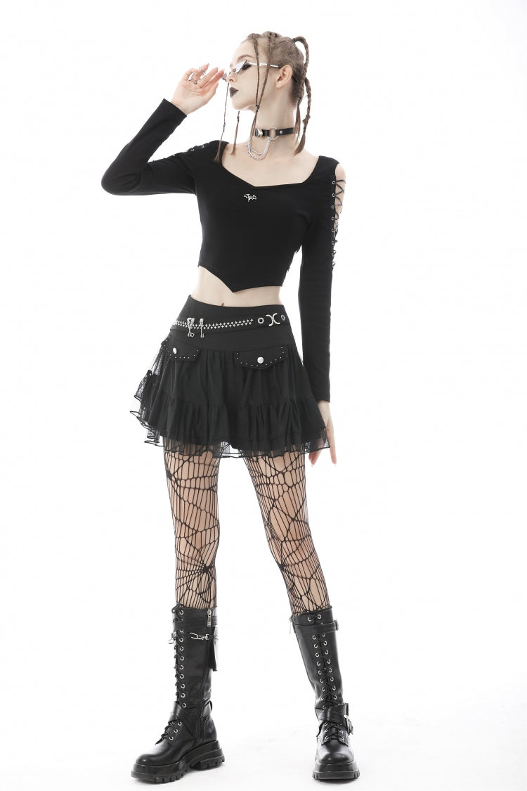 Black Long Sleeves Irregular Strappy Bat Women's Punk Crop Top