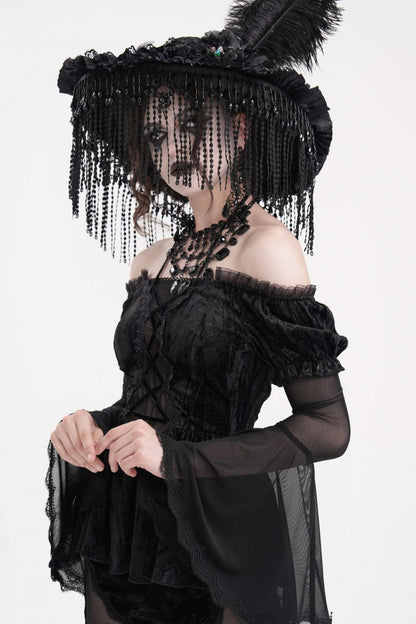 Black Halterneck Long Sleeves Hollow Lace-Up Mesh Women's Gothic Blouse