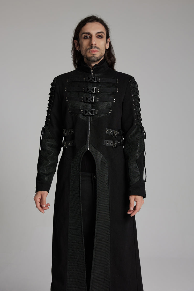 Black Buckle-up Rivets Long Sleeves Lace-Up Men's Punk Long Jacket