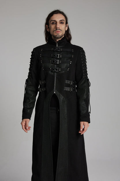 Black Buckle-up Rivets Long Sleeves Lace-Up Men's Punk Long Jacket