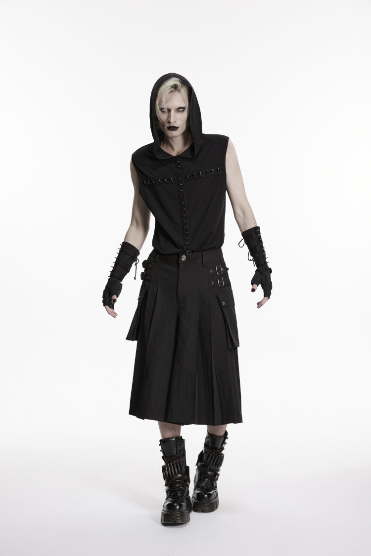 Black Buckled Big Pockets Pleated Men's Punk Pants