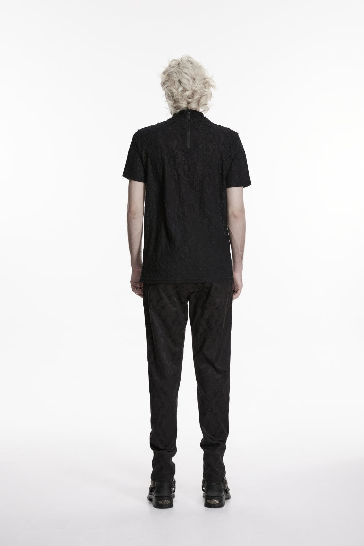 Black High Collar Short Sleeves Spliced Pleated Men's Gothic Shirt