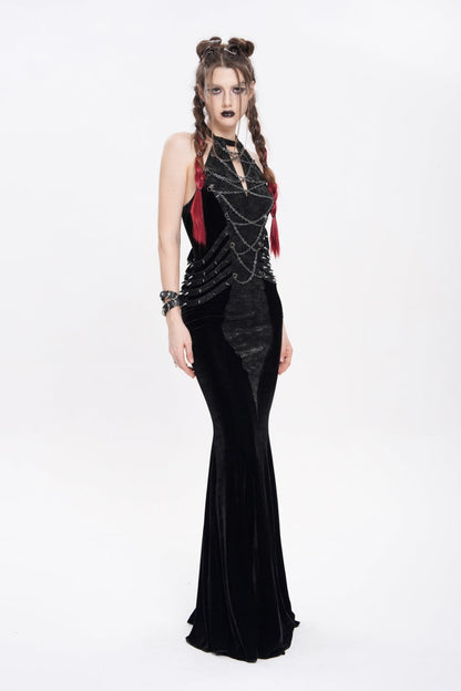Black Halterneck Sleeveless Rivet Straps Chain Women's Punk Dress