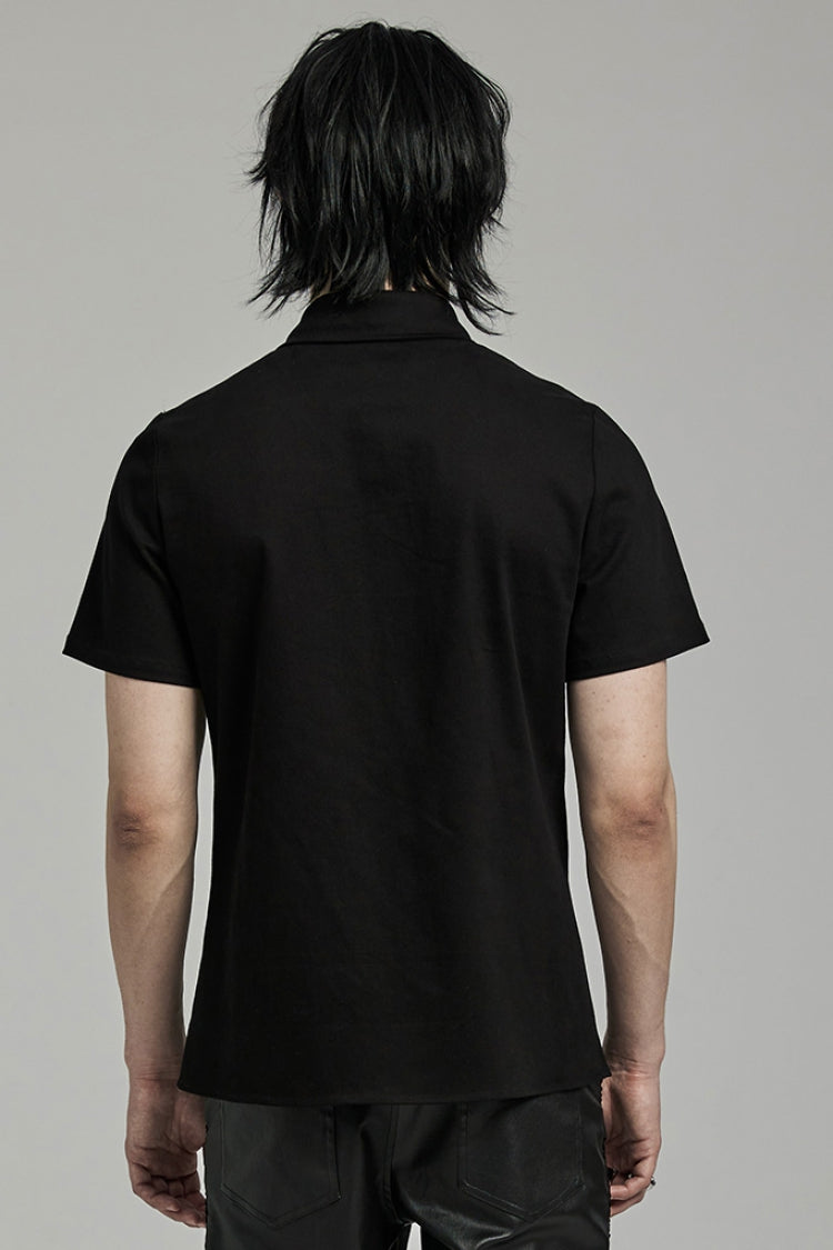 Black Lapel Collar Short Sleeves Stitching Men's Punk Blouse